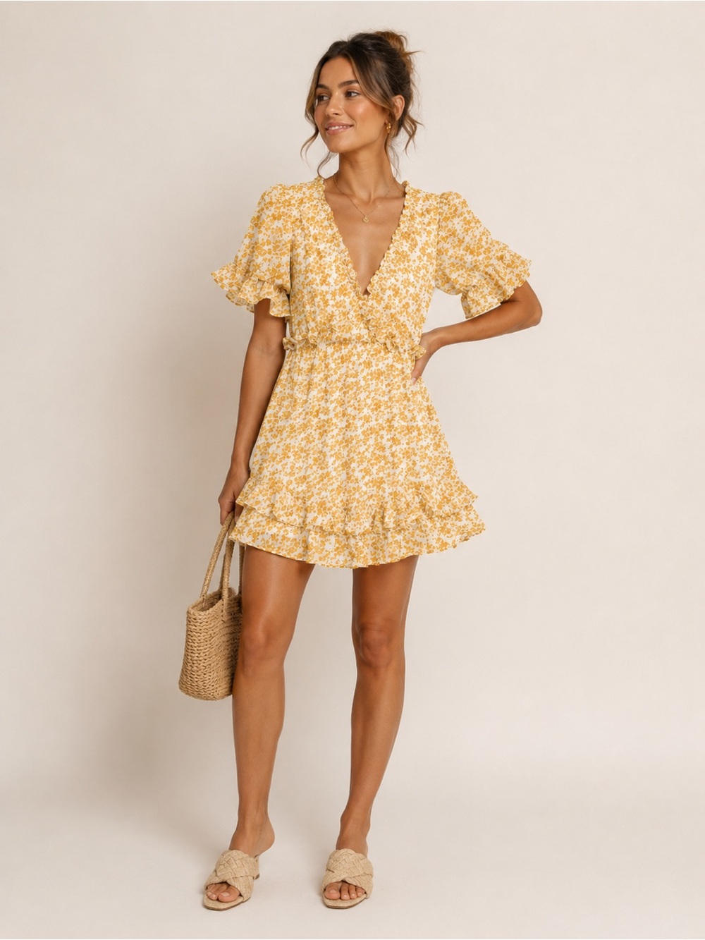 Saints + Secrets Yellow Floral Ruffle Mini Dress Size M | Cottagecore Boho